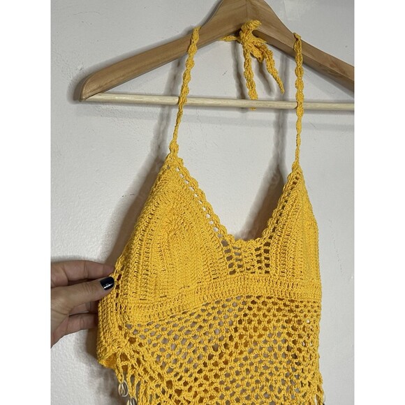 Y2K Yellow Crochet Halter Tie Back Tank Top Shells Women's Small Island Planet - Picture 3 of 7